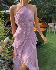 Pleated Ruffled Halter Backless A- Hem Chiffon Elegant Dress