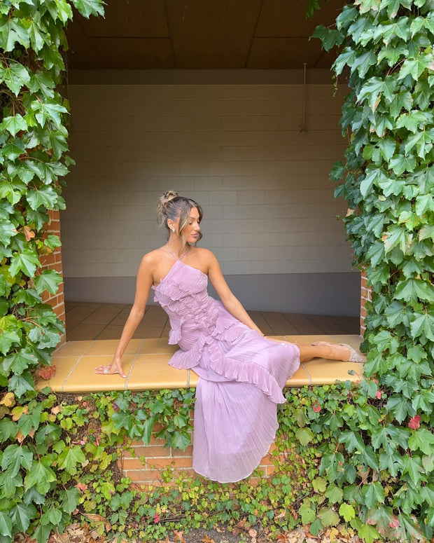 Pleated Ruffled Halter Backless A- Hem Chiffon Elegant Dress