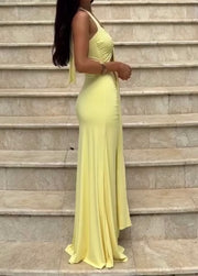 Sexy Backless Halter Deep V Ribbon Split Dress