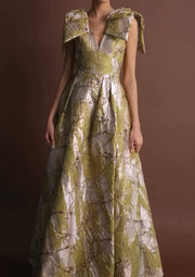 Printed Bow Sleeve Lace-up Elegant Long Dress