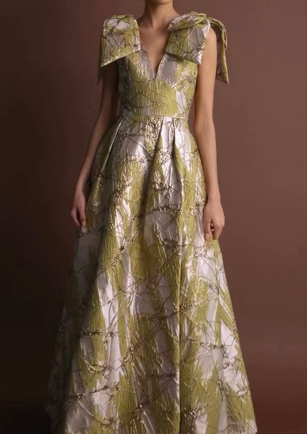 Printed Bow Sleeve Lace-up Elegant Long Dress