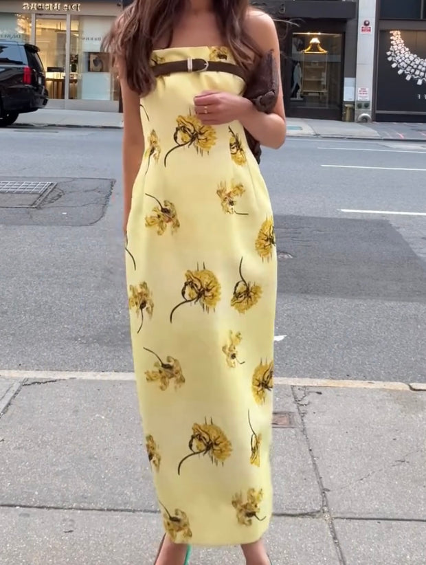 Sexy off-Neck Belt Printed Girdle Dress