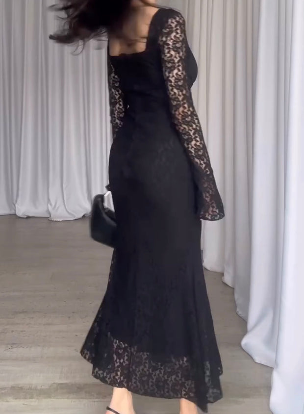 Lace Long Sleeve Elegant Slim Fit Waist-Controlled Slimming Fishtail Sheath Dress