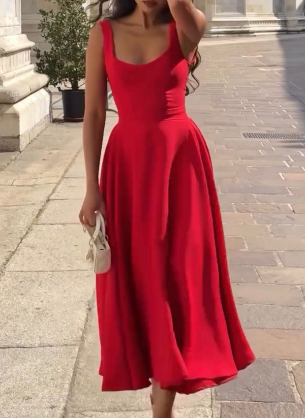 Solid Color Square Collar High Waist Slim Fit Temperament Camisole Dress
