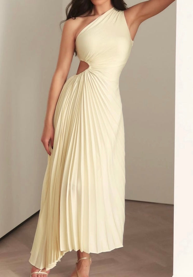 Slim-Fit Slant Shoulder Hollow Pleated Dress