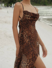 Fashion Leopard Print Backless Slit Sexy Sling Dress