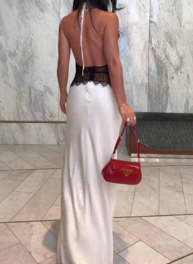 Elegant Deep V Silky Satin Dress Stitching Halter Waist-Tight Sexy Dress