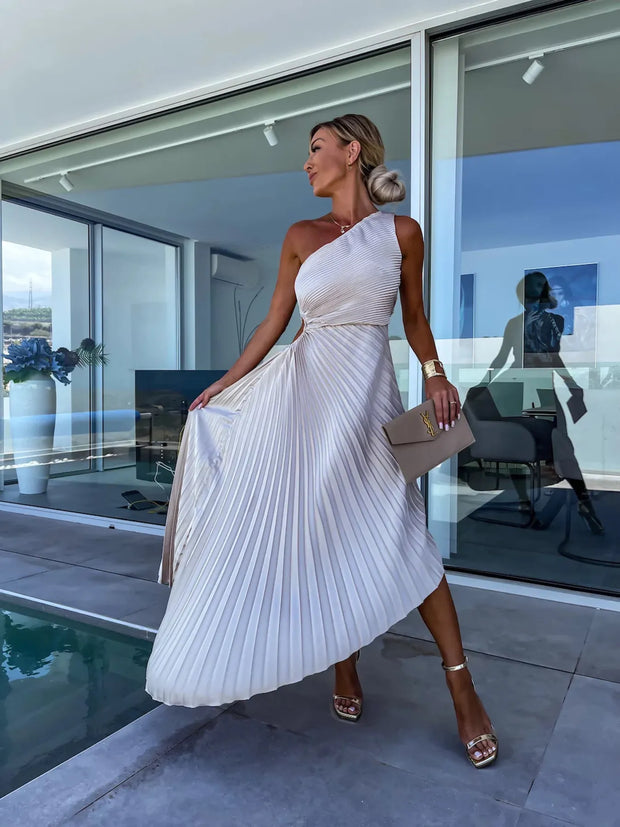 Full Size Single Shoulder Pleated Midi Dress Plus Size