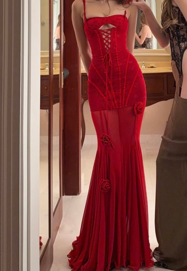 Sexy Sling Fishbone Stitching Mesh Three-Dimensional Flower Dress