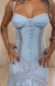 Fashion Lace Stitching Suspender Skirt Long Skirt Single-Breasted Sleeveless Dress