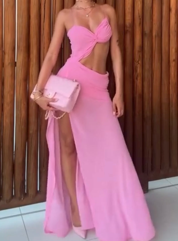 Hollow-out Camisole Slit Slim-Fitting Tube Top High Waist Long Dress