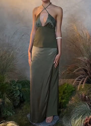 Sexy Halter Chest Wrap Cinched Waist Waistcoat Long Dress Suit
