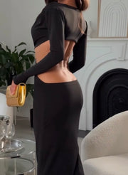 Elegant Deep V Long Sleeve Fashion Sexy Cutout Slim Fit Long Dress