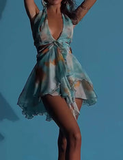 Sexy Halter Deep V-neck Hollow-out Backless Dress