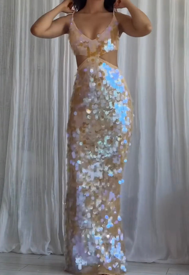 Sexy Temperament Hollow-out Camisole Sequined Sheath Dress