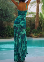 Sexy Spaghetti Straps Chest Wrap Pleated Waist Sheath Split Dress