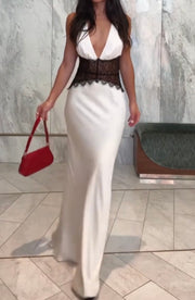 Elegant Deep V Silky Satin Dress Stitching Halter Waist-Tight Sexy Dress