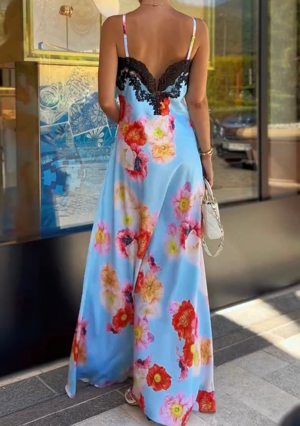 Sexy Spaghetti-Strap Floral Print Stitching Lace Dress