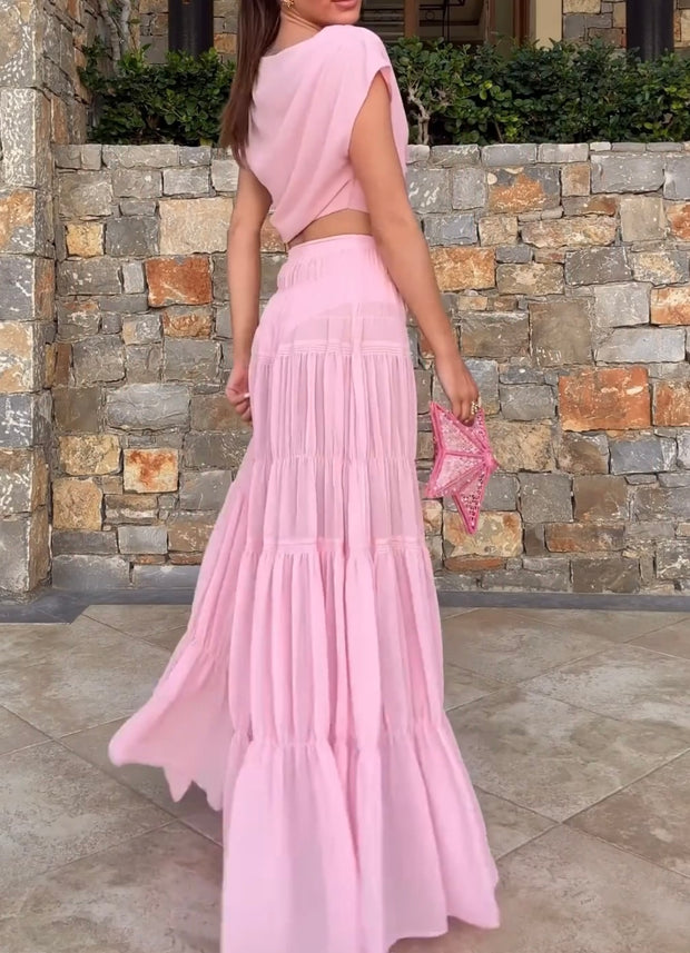 Pleated Sleeveless Top Stitching Pink Dress Suit