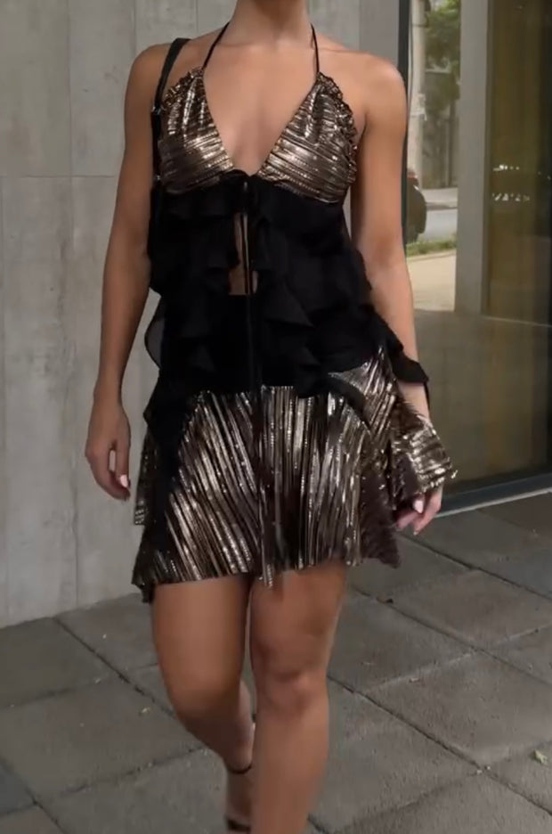Sexy Halter V-neck Stitching Short Skirt
