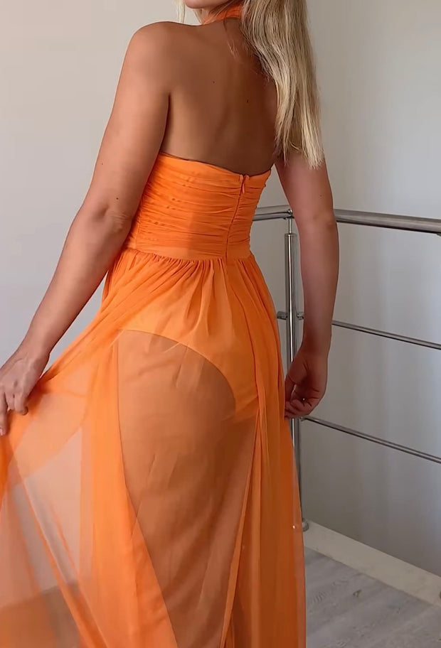 Oversized Skirt Sexy Cross Halter Backless Pleated Large Swing Dress