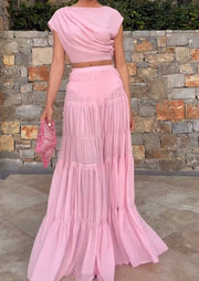 Pleated Sleeveless Top Stitching Pink Dress Suit