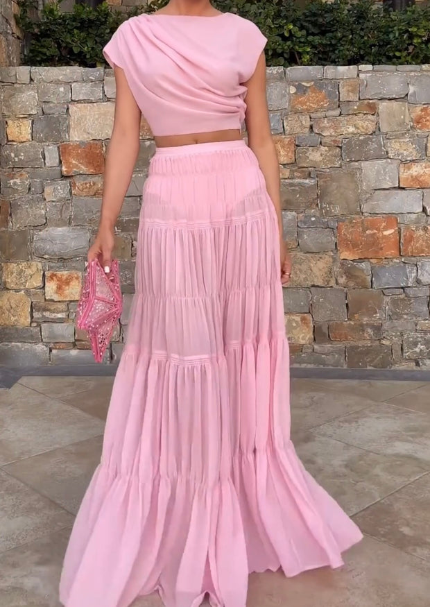 Pleated Sleeveless Top Stitching Pink Dress Suit