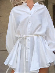 Lapel Button Solid Color Long Sleeve Slim Fit Dress