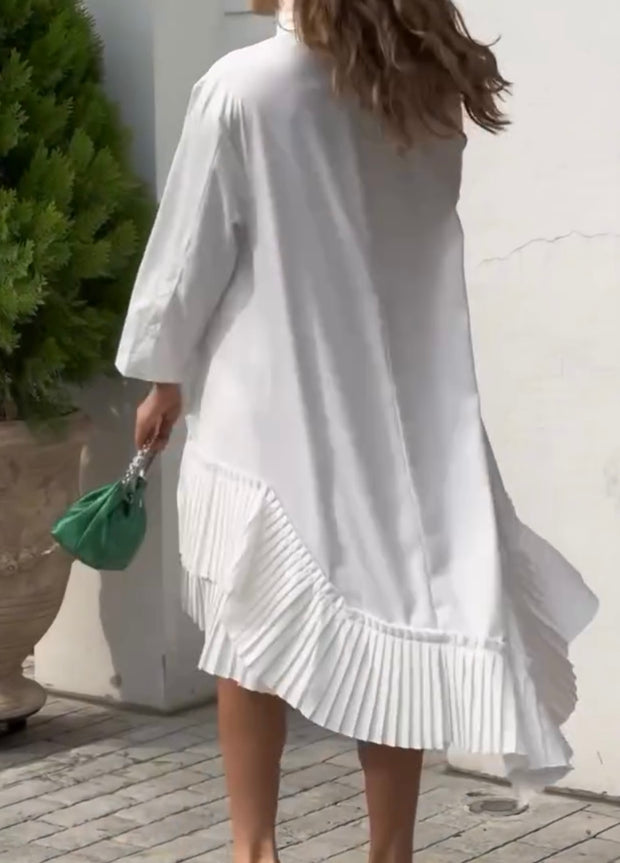 Solid Color Stand Collar Pleated Hem Shirt Skirt