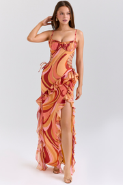 Sunset Swirl Print Ruffle Cut Out Maxi Dress