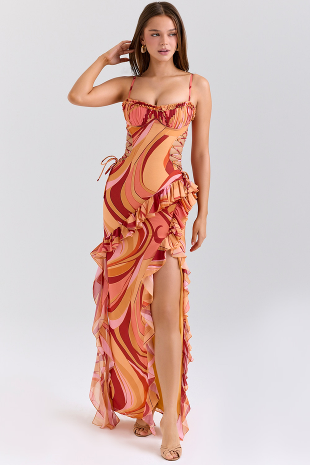 Sunset Swirl Print Ruffle Cut Out Maxi Dress
