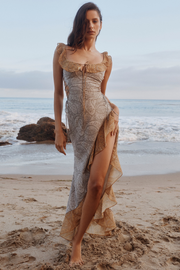Paisley Print Georgette Ruffle Maxi Dress