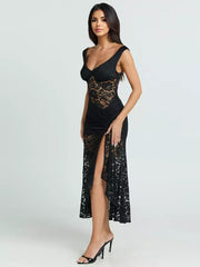 Sexy Deep V Slim Lace High Slit Elegant Dress