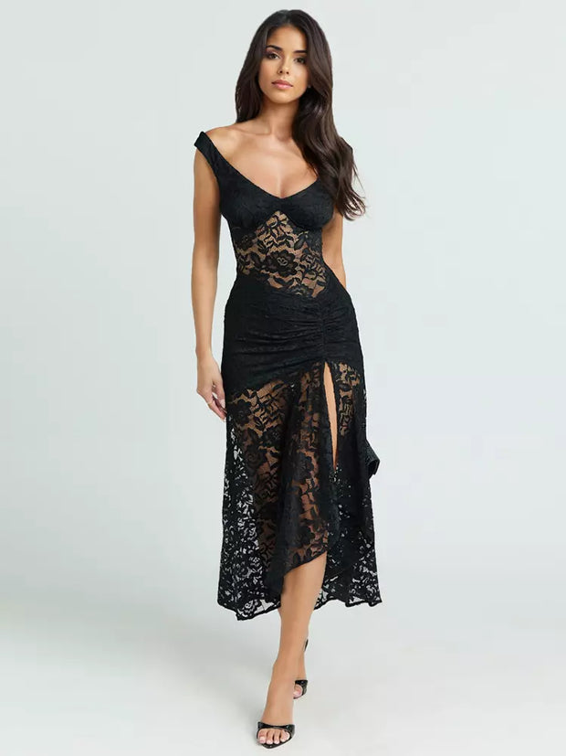 Sexy Deep V Slim Lace High Slit Elegant Dress