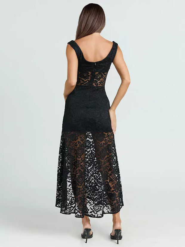 Sexy Deep V Slim Lace High Slit Elegant Dress