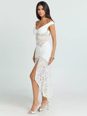 Sexy Deep V Slim Lace High Slit Elegant Dress