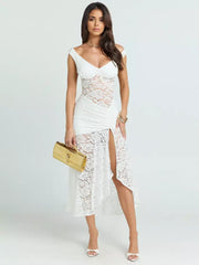 Sexy Deep V Slim Lace High Slit Elegant Dress