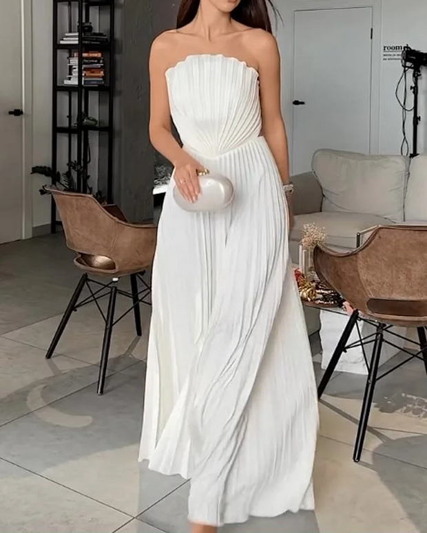 Sexy Tube Top Pleated Fan Blade Split Dress