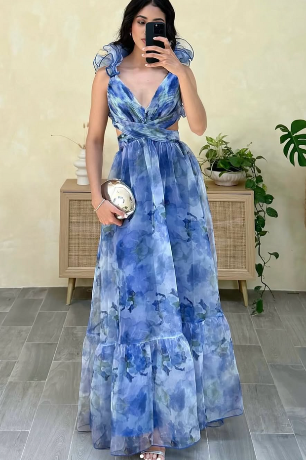 Chiffon Ruffled Printed Pleated Dress