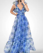 Chiffon Ruffled Printed Pleated Dress