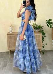 Chiffon Ruffled Printed Pleated Dress