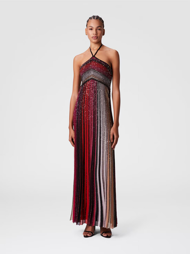 Long striped dress with sequins and neck fastening