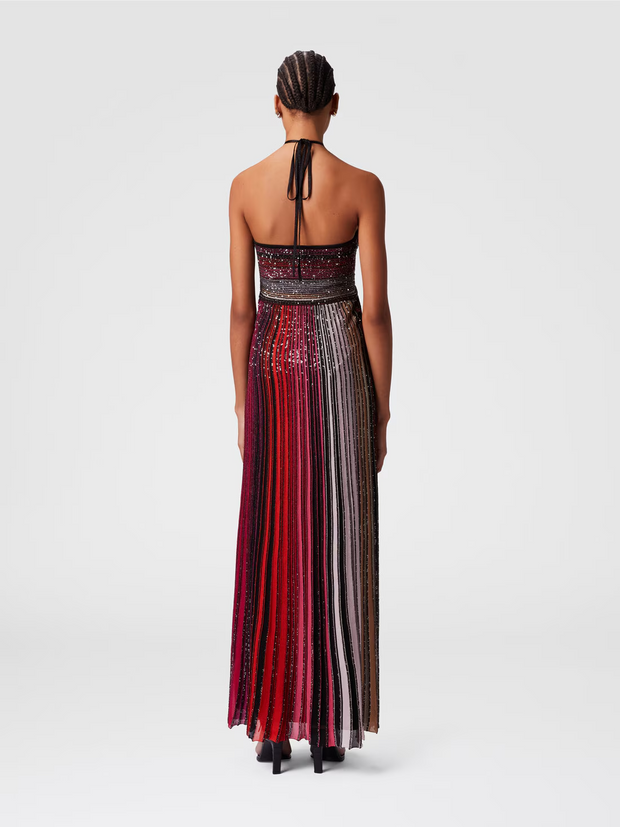 Long striped dress with sequins and neck fastening