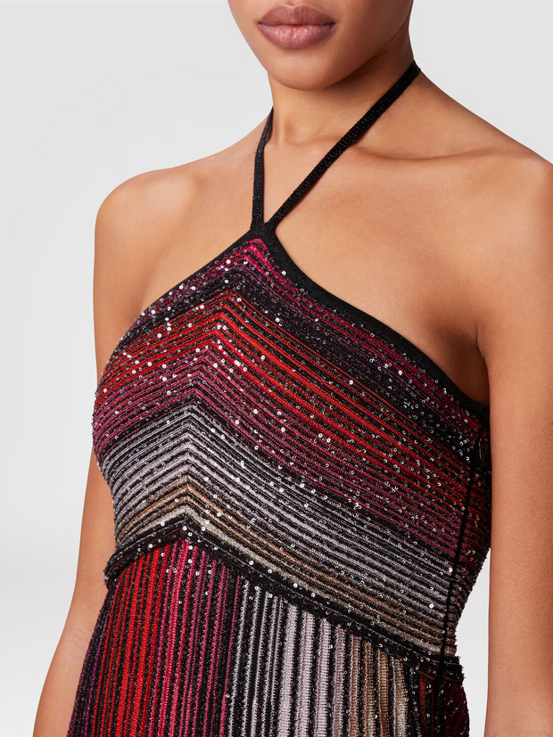 Long striped dress with sequins and neck fastening