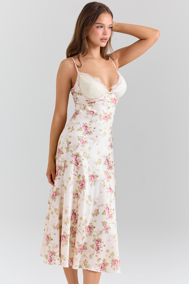 Ivory Floral Print Satin Bias Cut Midi Dress