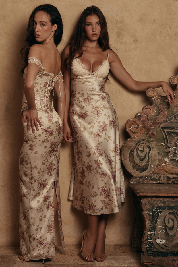 Ivory Floral Print Satin Bias Cut Midi Dress