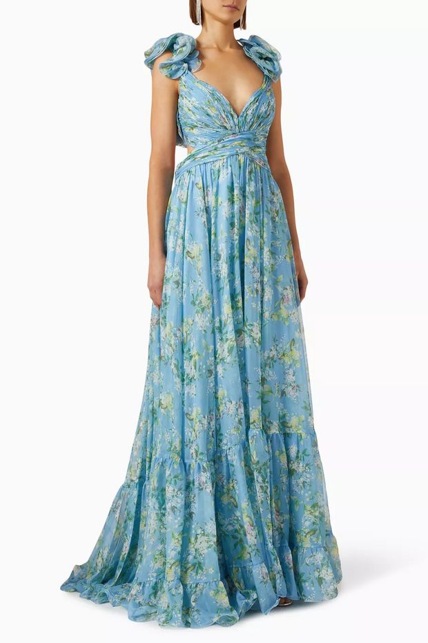 Ruffled Floral-print Gown in Chiffon