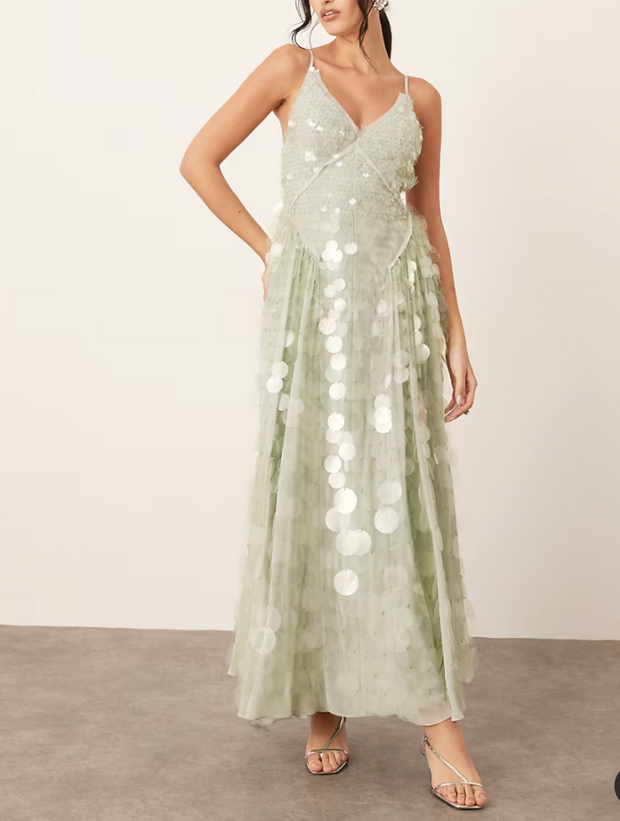 Sexy V-neck Brace Large Sequins Backless Dress
