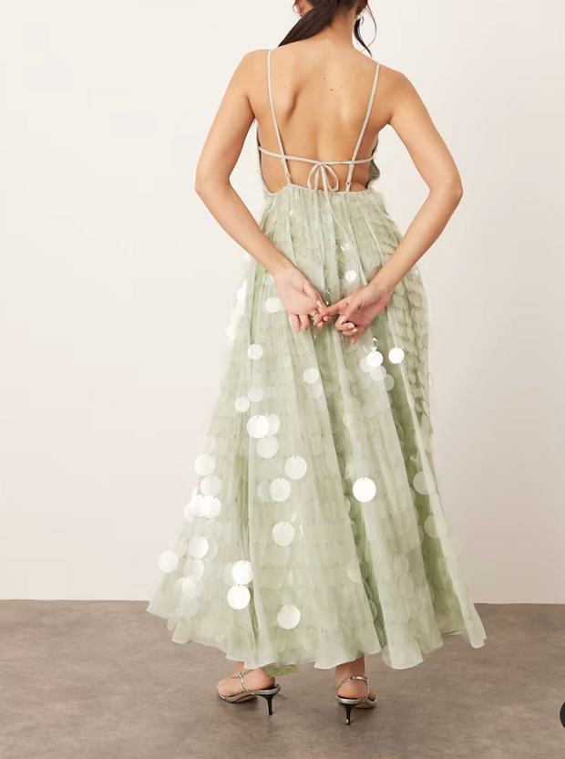 Sexy V-neck Brace Large Sequins Backless Dress