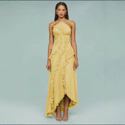 Pleated Ruffled Halter Backless A- Hem Chiffon Elegant Dress